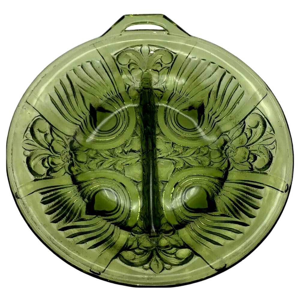 Indiana Glass Vintage Avocado Green Divided Dish Server Bowl Snack Candy Pickle